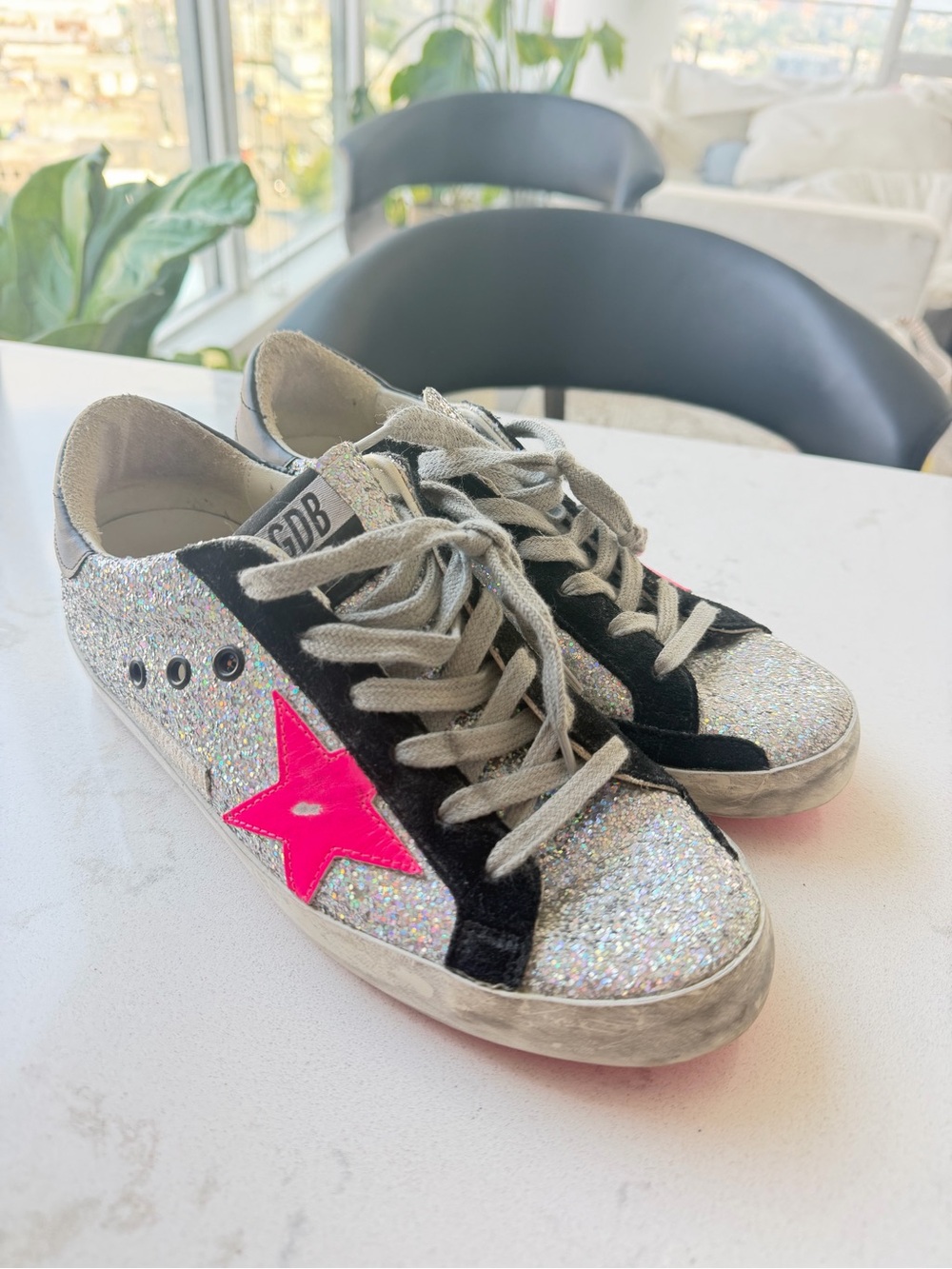 Golden Goose Silver Glitter Sneakers with Hot Pink Star